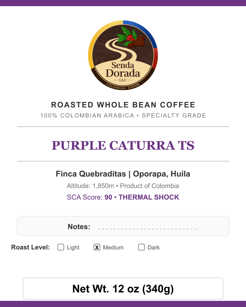 Q29 Purple Caturra TS — Senda Dorada label