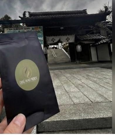 A bag of our Colombian coffee at a shrine gate in Japan